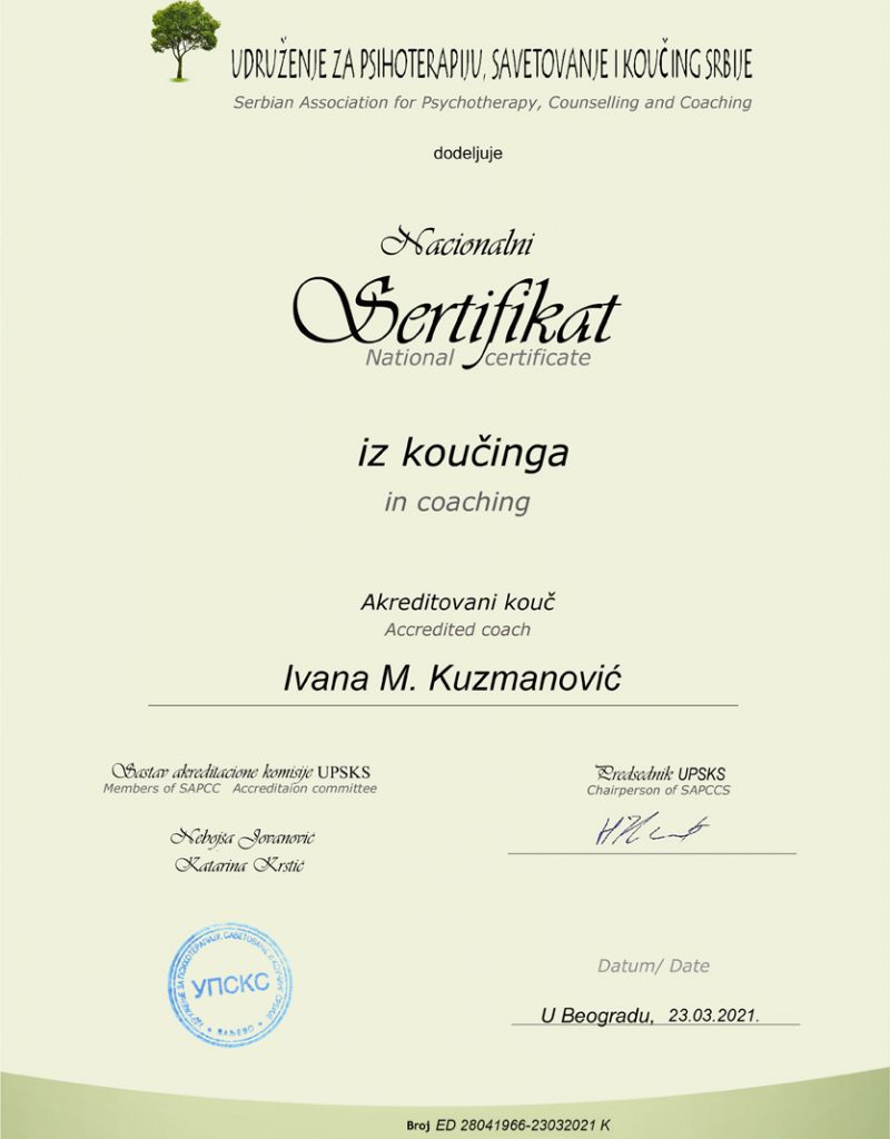 Ivana Kuzmanović - nacionalno sertifikovani Life Coach - akreditovani kouč - Srbije